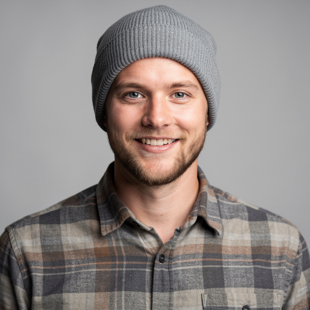 Studio portrait of a young Danish male videographer with a beard and beanie