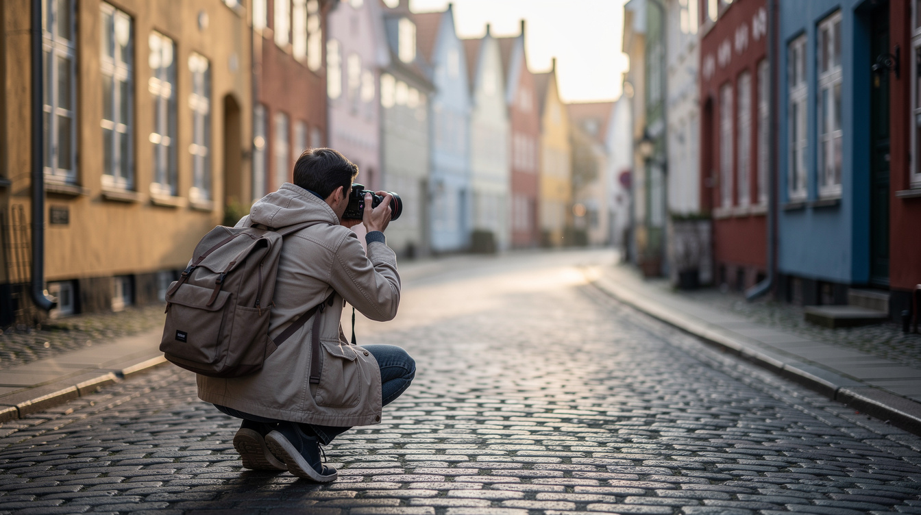 Photographer crouching to photograph a narrow cobblestone street in a Danish old town